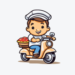 Poster - Cute cartoon boy riding a scooter and eating pizza. Vector illustration.