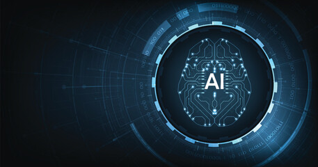 Poster - Electronic Brain and Concept of Artificial Intelligence (AI).Graphic of a digital brain and Human head outline made from the circuit board, connecting on a dark blue background.	