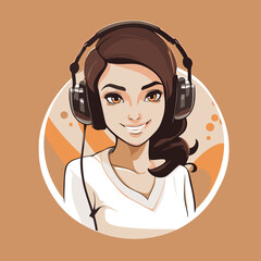 Sticker - Vector illustration of a beautiful young woman with headphones listening to music.