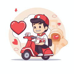 Poster - Delivery man on scooter delivering food. Cute cartoon vector illustration.