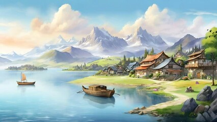 beautiful nature beach landscape animated background .beach with palm trees, cloud, boat, cottage se