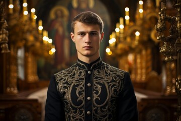 
Youthful Orthodox priest in his 20s standing before the ornate iconostasis of a Russian Orthodox church