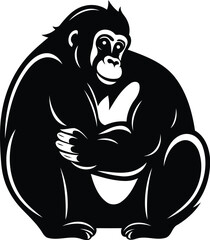 Poster - Gorilla sitting on the ground. Black and white vector illustration.