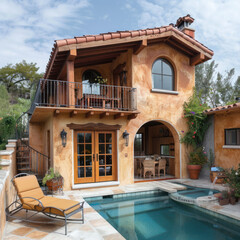 Wall Mural - Tiny one floor timber frame house with single front doors and terrace with italian theme design with pool