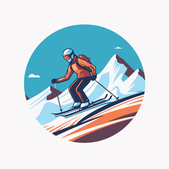 Sticker - Skiing in mountains. Skier on piste. Vector illustration