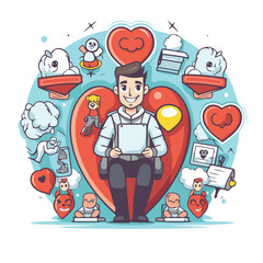 Poster - Online dating concept. Man sitting on the big red heart. Vector illustration