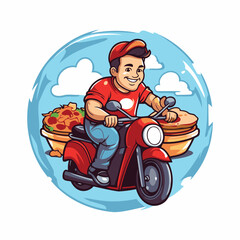 Sticker - Cartoon delivery man on scooter delivering pizza. Vector illustration.