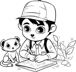 Sticker - Cartoon Illustration of Little Boy Studying and Learning in the School