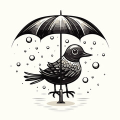 Wall Mural - Vector illustration of a black bird under an umbrella in the rain.