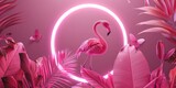 Fototapeta Do akwarium - flamingo stands amidst a lush neon-lit scene, a fantastical fusion of wildlife and radiant light, creating a dreamlike tableau in shades of pink with a cosmic circle illuminating the tranquil moment.