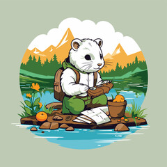 Wall Mural - Cute hamster sitting on a log by the river. Vector illustration.