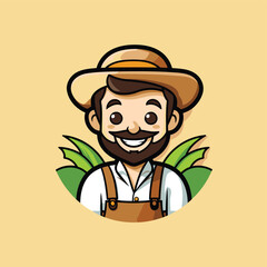 Poster - farmer cartoon character with hat and green leafs vector illustration.