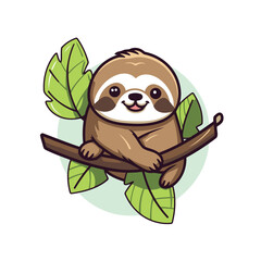 Wall Mural - Cute sloth sitting on a tree branch. Vector illustration.