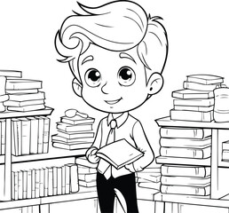 Wall Mural - Black and White Cartoon Illustration of Kid Boy Reading a Book at the Library