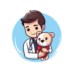 Sticker - Veterinarian holding teddy bear cartoon character vector illustration graphic design