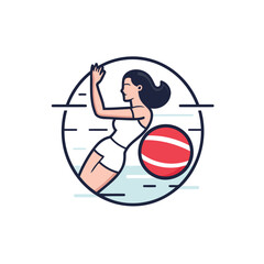 Canvas Print - Woman playing beach ball. Vector illustration in thin line style design.