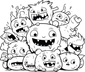 Canvas Print - Black and White Cartoon Illustration of Funny Monsters Group for Coloring Book