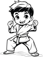 Poster - Karate Boy - Black and White Cartoon Vector Illustration. Isolated On White Background