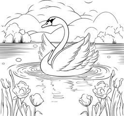 Poster - Swan on the lake. Black and white vector illustration for coloring book.