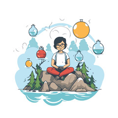 Canvas Print - Girl meditating on a rock in the forest. Vector illustration.