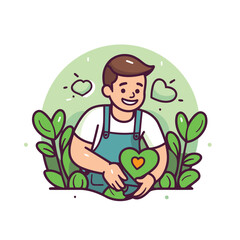 Poster - Gardener man with heart in hands. Flat vector illustration.