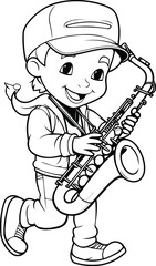 Sticker - Illustration of a Little Boy Playing the Saxophone - Coloring Book