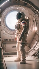 Wall Mural - The astronaut is looking at the huge illuminator of spaceship interior