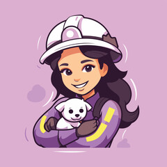 Sticker - Girl in a helmet with a teddy bear. Vector illustration.