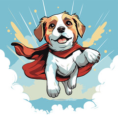 Sticker - Superhero dog flying with red cloak. Vector illustration in cartoon style.