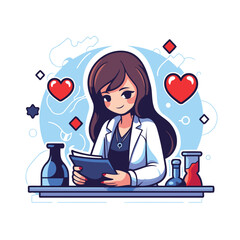 Sticker - Woman doctor in lab coat and stethoscope holding clipboard with blood test results. vector illustration