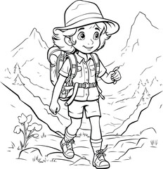 Wall Mural - Coloring Page Outline Of a Cute Little Boy Hiking