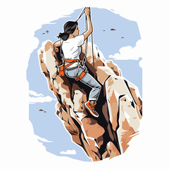 Sticker - Illustration of a female rock climber climbing on a cliff.