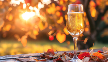 Wall Mural - A golden glass of bubbling cider sits with an expansive apple orchard in the background - capturing the spirit of autumn's harvest - wide format