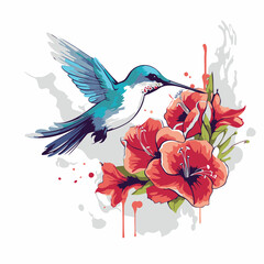 Sticker - Hummingbird with red flowers on grunge background. Vector illustration.