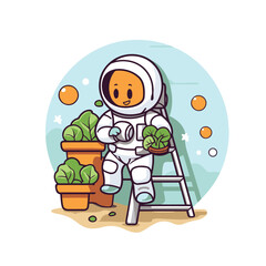 Canvas Print - Astronaut with plant in pot. Vector illustration in cartoon style