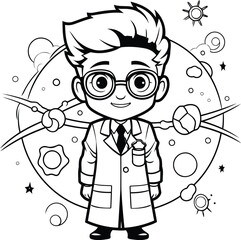 Poster - Black and White Cartoon Illustration of Kid Boy Astronaut or Professor Character for Coloring Book