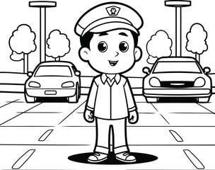 Wall Mural - Policeman with car on the street cartoon vector illustration graphic design