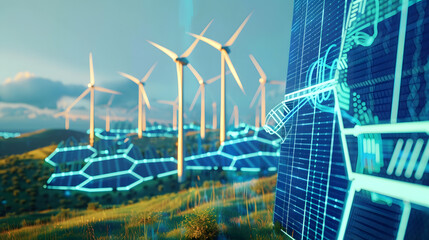 Wall Mural - A conceptual image showcasing the integration of green energy solutions and sustainable power engineering, with symbols like wind turbines, solar panels, and eco-friendly technology.