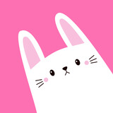 Fototapeta Dinusie - White rabbit bunny head face in the corner. Happy Easter. Cute cartoon kawaii funny baby character. Farm animal. Childish style. Flat design. Pink background.