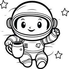 Sticker - Coloring Book for Kids - Astronaut with a cup of coffee