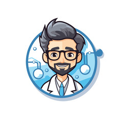 Wall Mural - Vector illustration of a cartoon scientist in a lab coat and glasses.