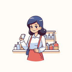 Wall Mural - Bartender woman holding a coffee cup in her hand. Vector illustration