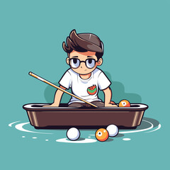 Sticker - Cartoon boy playing billiards in a boat. Vector illustration