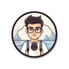 Poster - Hipster photographer with camera. Vector illustration in a flat style.