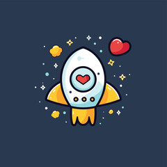 Sticker - Cute space rocket with hearts and stars. Vector flat illustration.