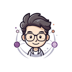 Sticker - Scientist man cartoon character with glasses and globe. Vector illustration.