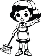 Poster - Cute girl sweeping the floor. black and white vector illustration.