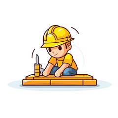 Wall Mural - Cute little boy with helmet and drill. Construction worker. Vector illustration