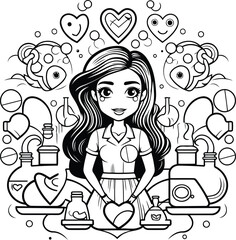 Wall Mural - Vector illustration of a beautiful woman with cosmetic products. Coloring page.