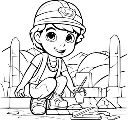 Poster - Black and White Cartoon Illustration of Kid Boy Construction Worker Character for Coloring Book